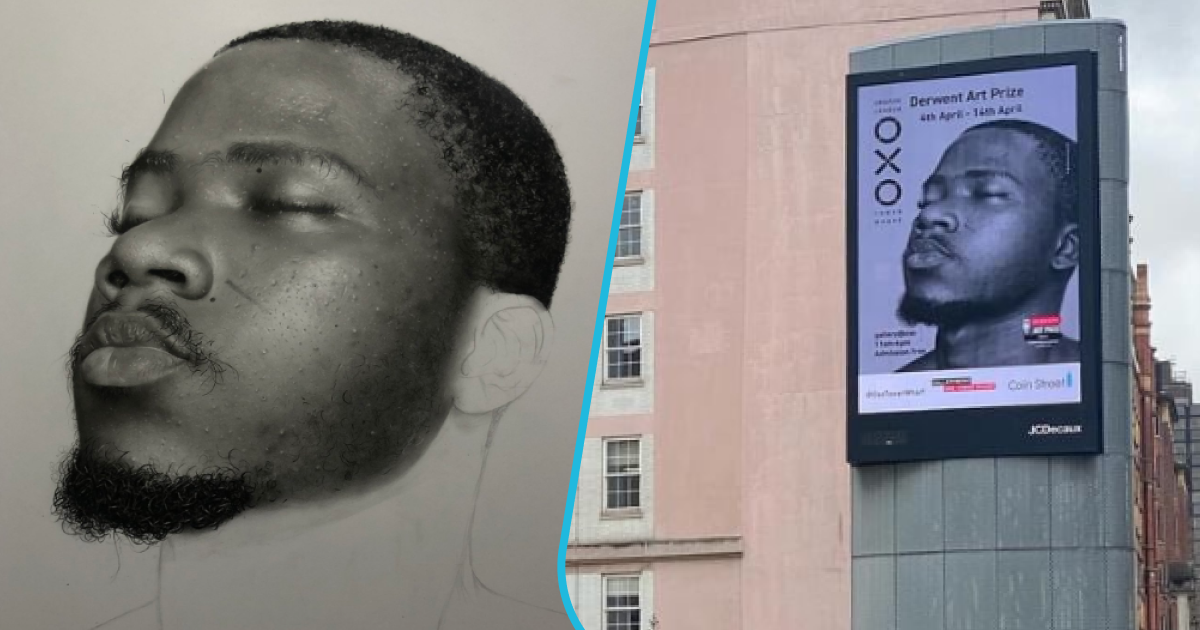 Drawing of Ghanaian artist features on billboard in the UK.