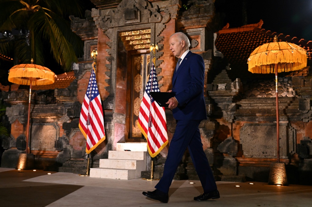 US President Joe Biden was upbeat at a nighttime press conference in a tropical Bali garden