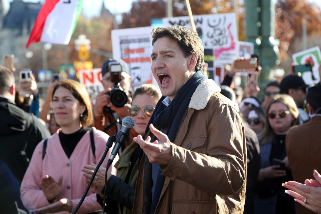Canada's Prime Minister Justin Trudeau in Ottowa speaks in support protests in Iran on October 29
