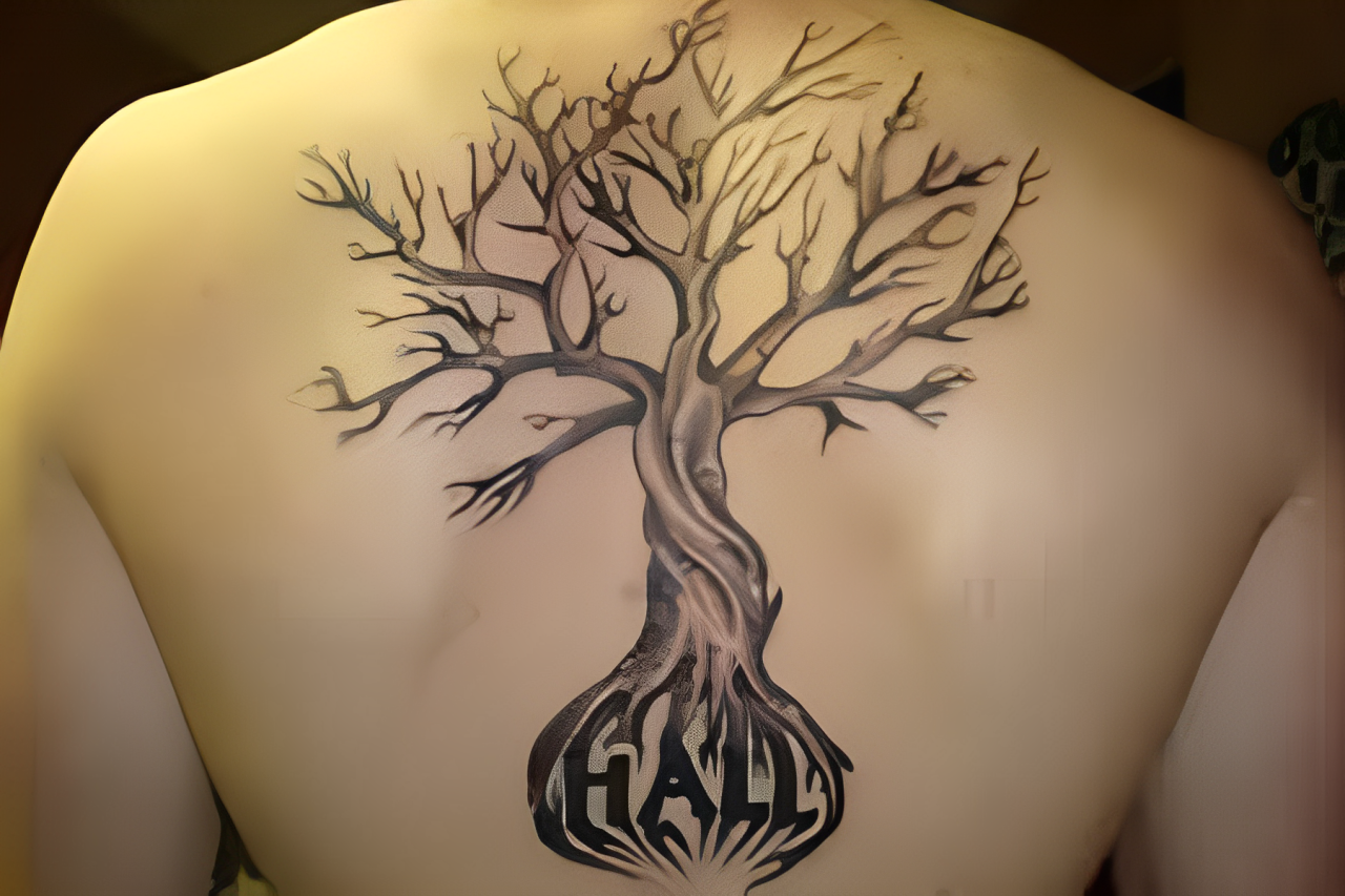 A man has a tree tattoo on his half back