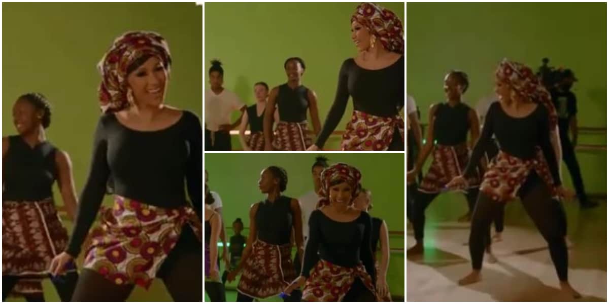 American rapper Cardi B stuns in headtie and wrapper as she learns African dance (video)