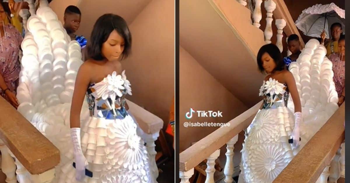 Woman's wedding dress made fom plastic items