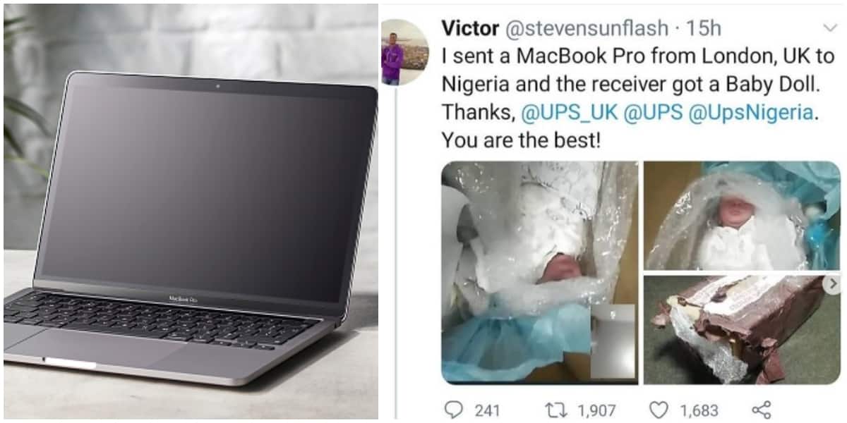 Reactions as UK man cries out on social media after someone he sent MacBook Pro received baby doll