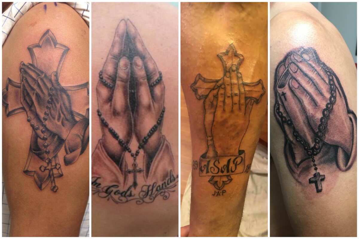 praying hands with sun rays tattoo
