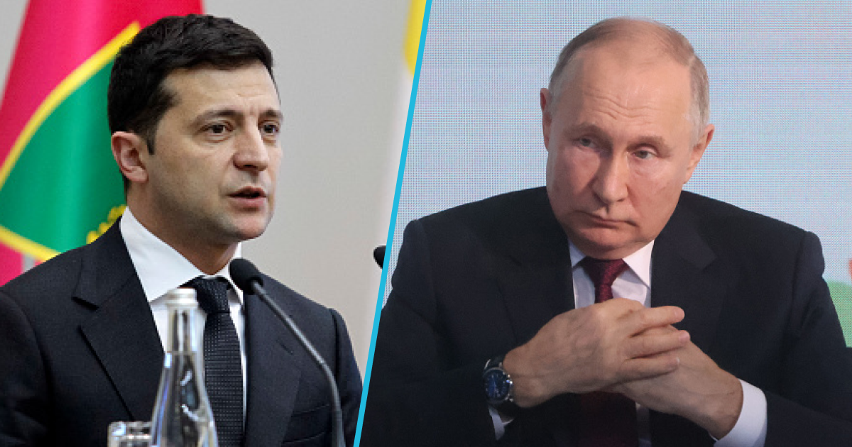 Photos of Ukraine President Volodymyr Zelenskyy (L) and Russian President Vladimir Putin (R).