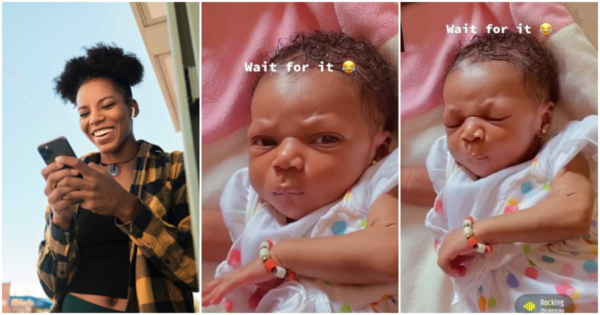 Reactions as cute little baby frowns hard after opening eyes in video, Nigerians react