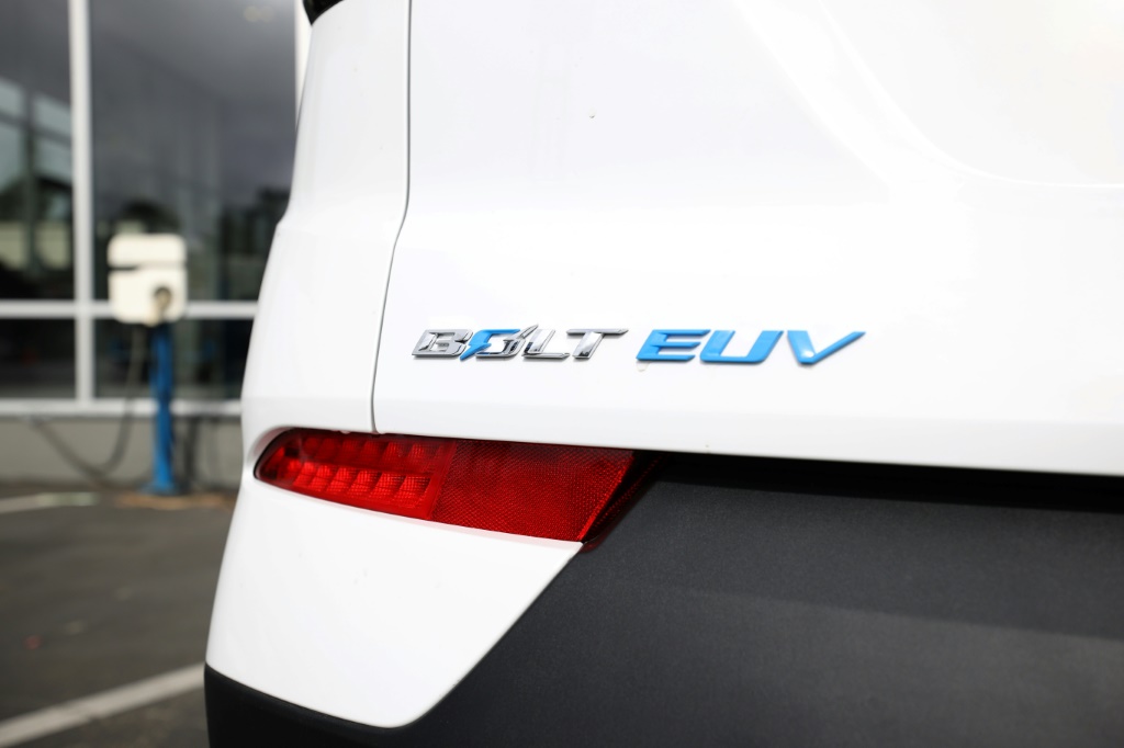 A Chevrolet Bolt EUV is seen on a sales lot in Colma, California in October 2021