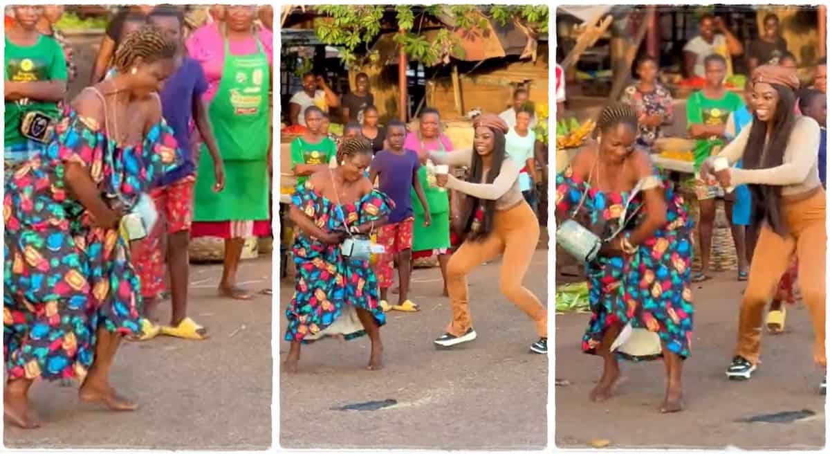 Photos of a Nigerian market woman dancing in the market.