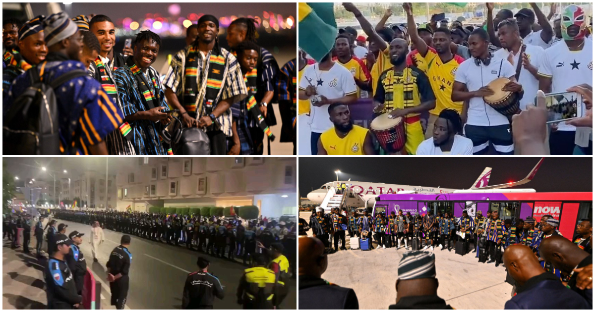Beautiful scenes as Ghanaians in Qatar storm Black Stars' hotel with jama, line up streets to welcome the team