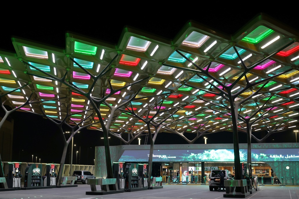 The ENOC filling station at Dubai's Expo 2020 projects a bright and colourful futurist vibe