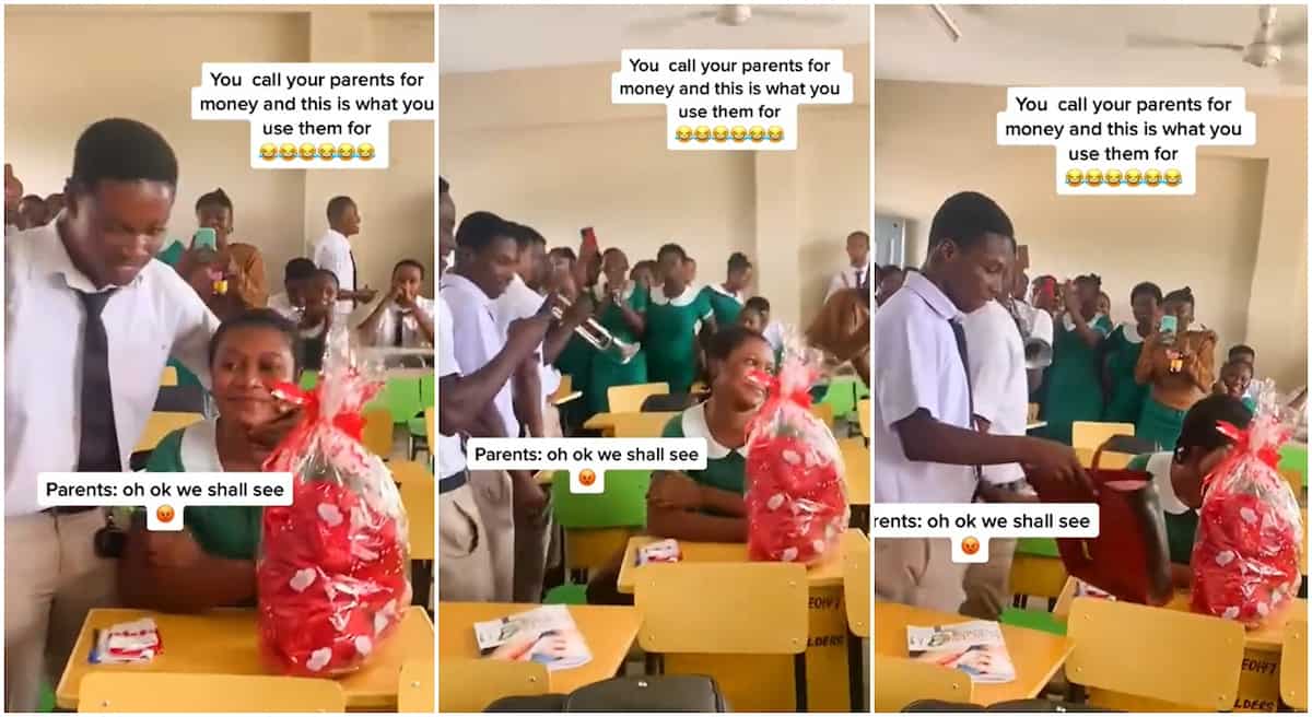 Photos of a student presenting Valentine's gift to his girlfriend.