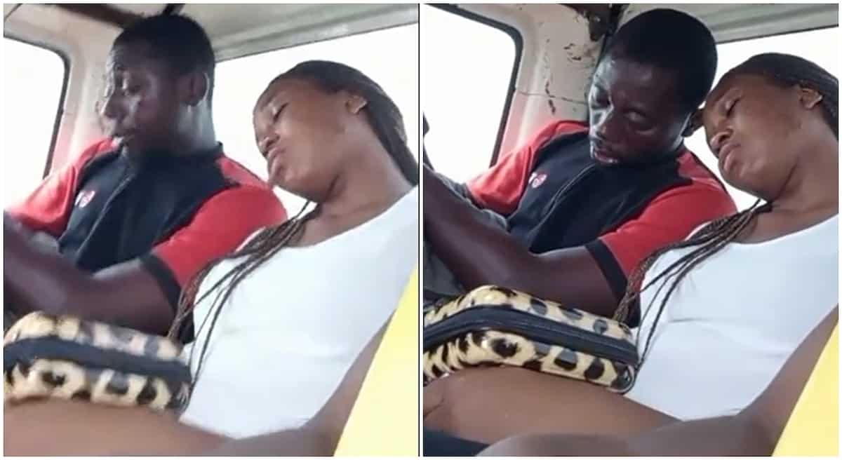 Photos of a man and woman sleeping inside bus.