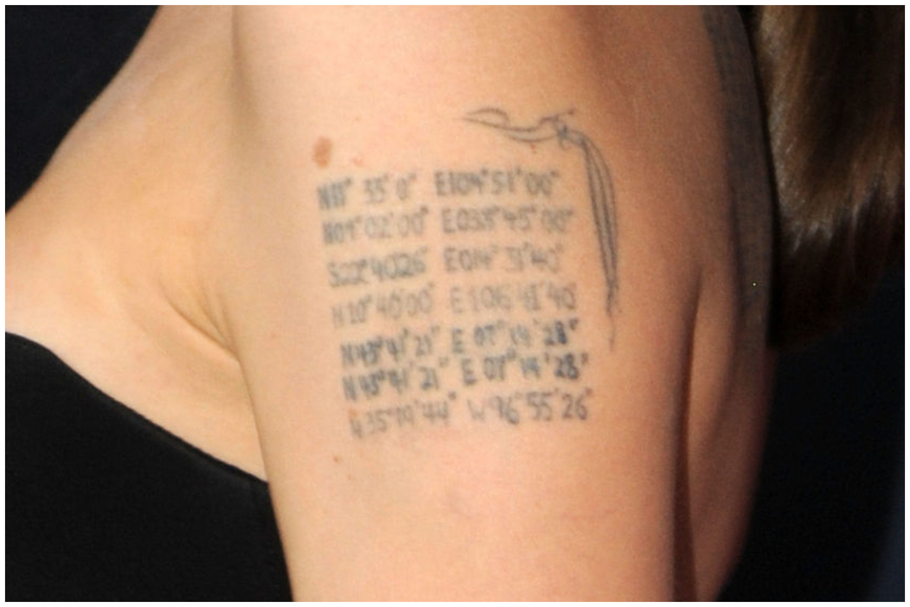 Actress Angelina Jolie's coordinates tattoo on her upper arm during "The Normal Heart" New York Screening at Ziegfeld Theater in New York City.