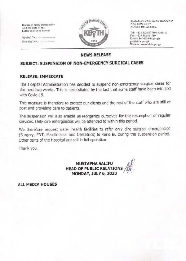 COVID-19: Korle Bu to stop treating urgent cases for 2 weeks; staff are infected - Management