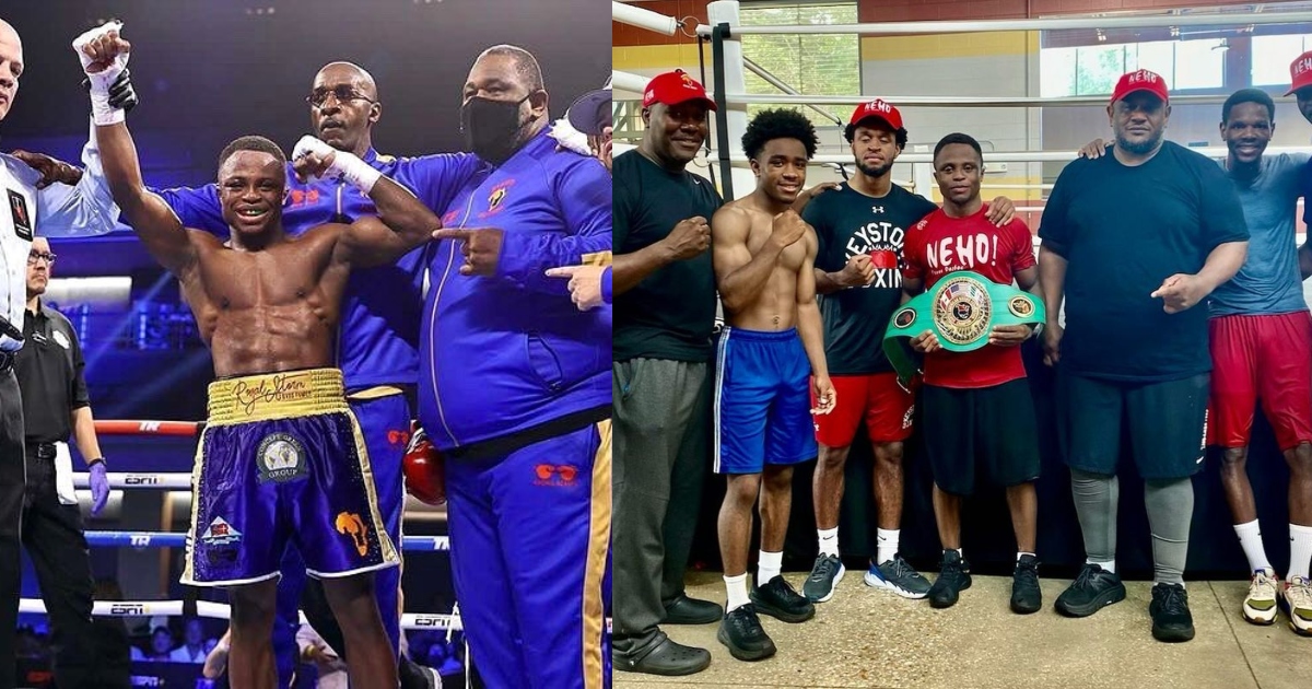 Isaac Dogboe receives NABF belt in his gym in Washington DC; photo drops