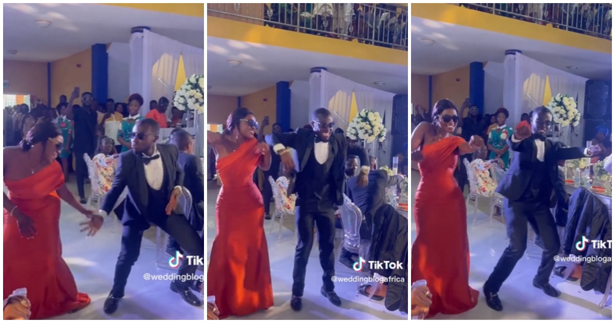 Slim Ghanaian bridesmaid and groomsman steal spotlight at wedding reception with nice formation dance (video)