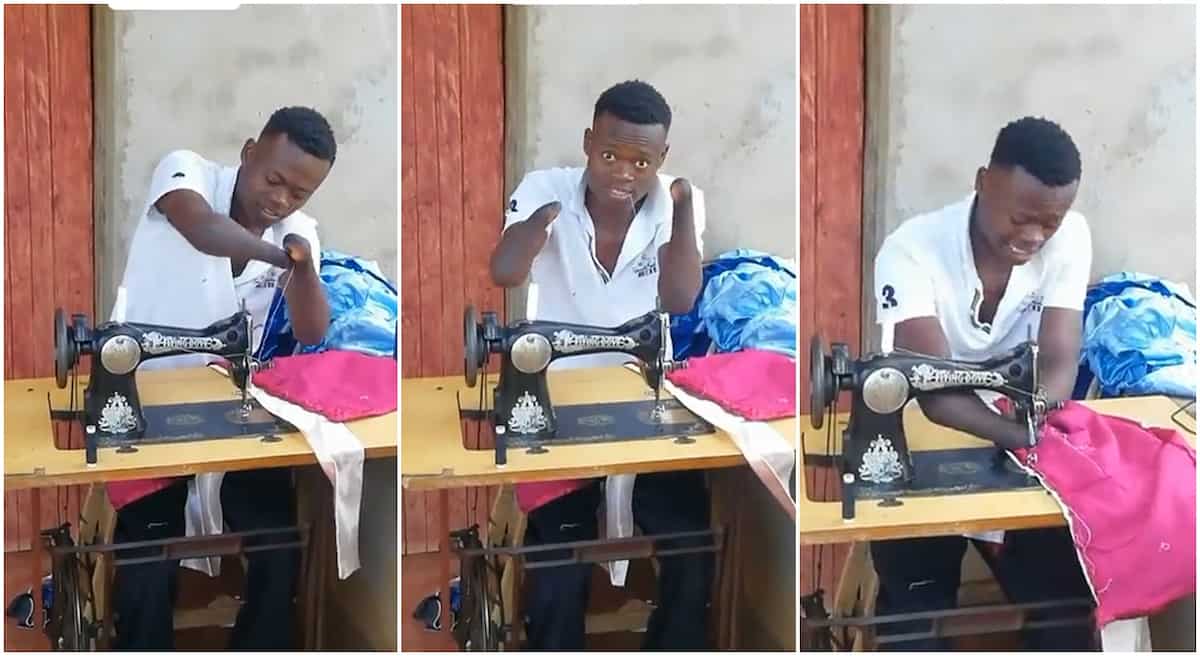 Photos of a tailor on his sewing machine.