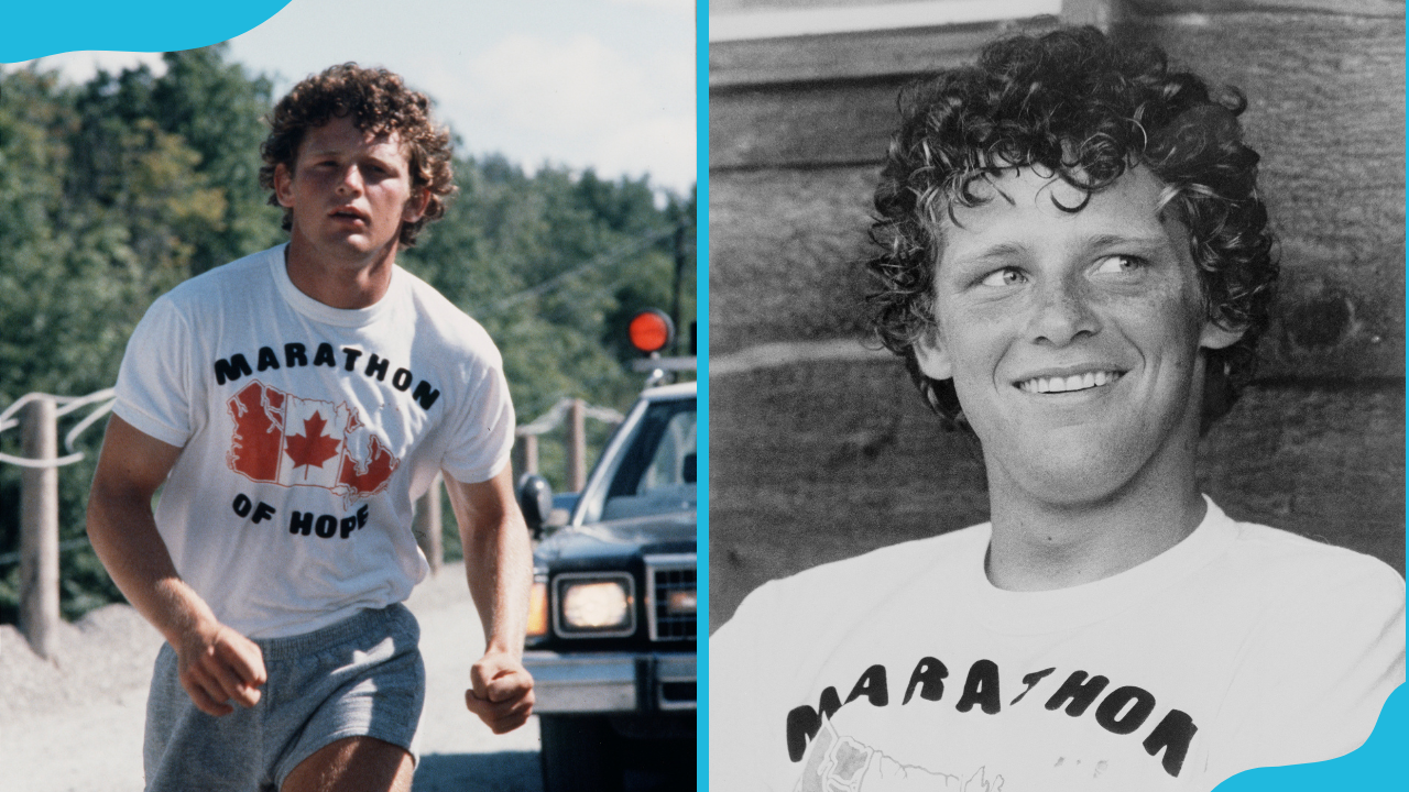 Terry Fox during his 1980 run through Ontario (L) and Terry smiles during an interview (R)
