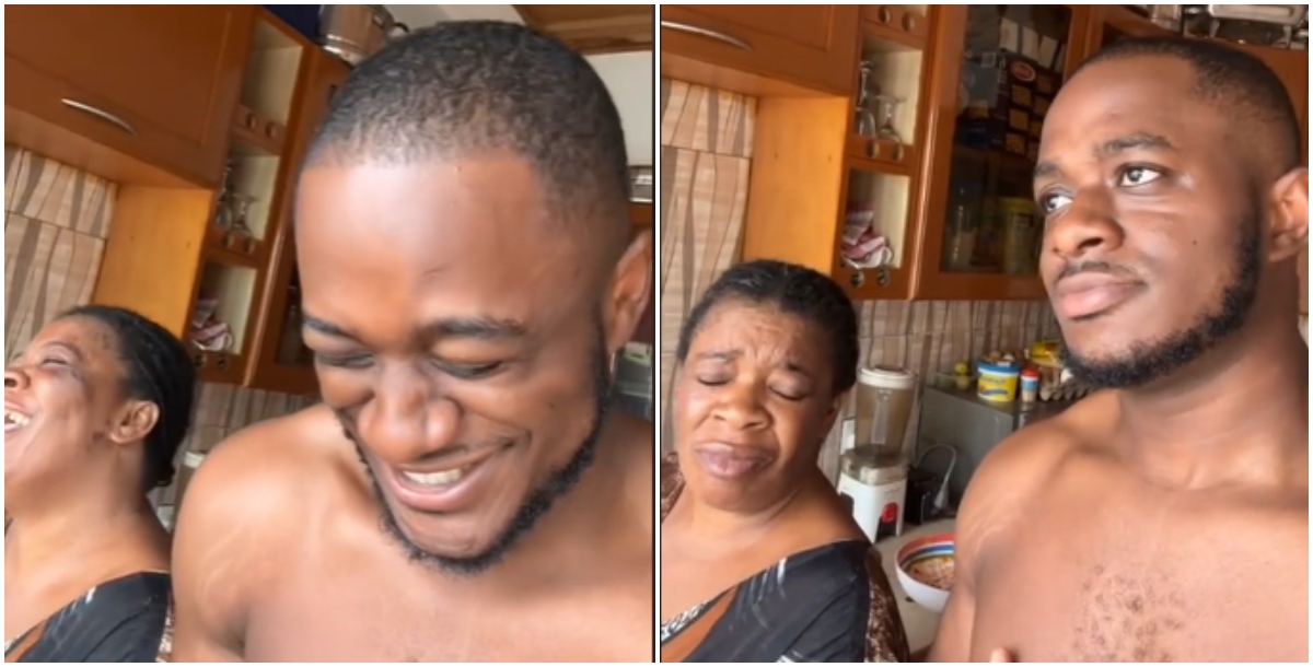 Mother and son laugh