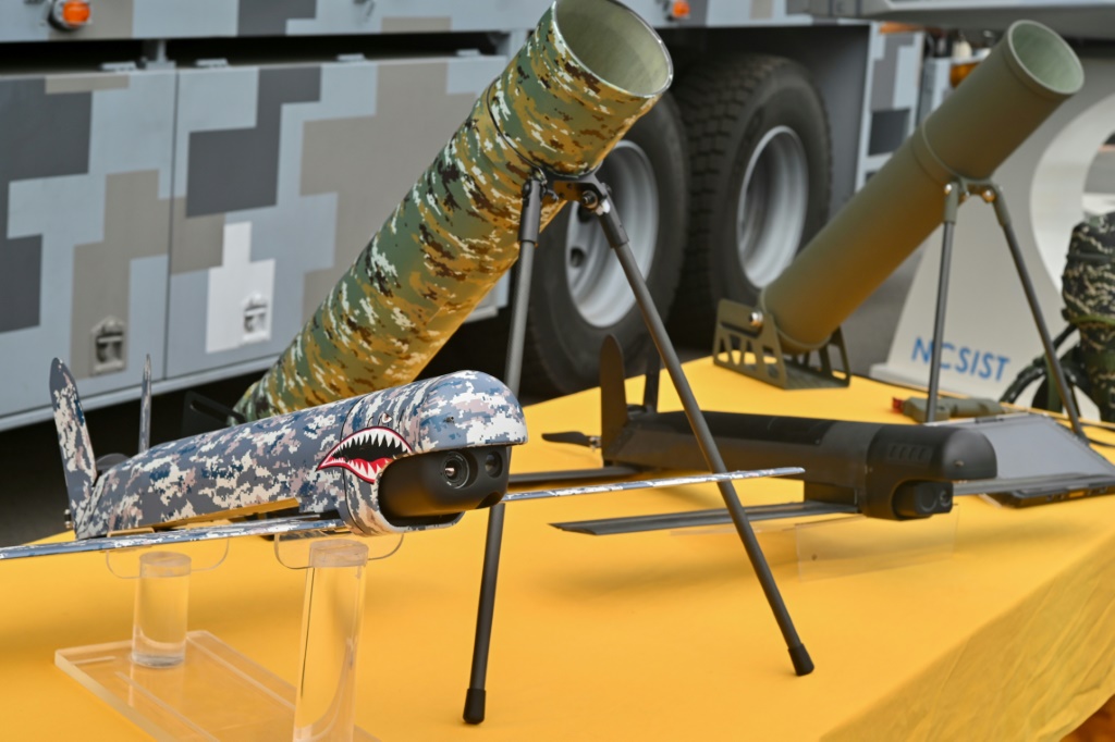 Taiwan's locally made loitering munition drone is seen on display at the National Chung-Shan Institute of Science and Technology in Taichung