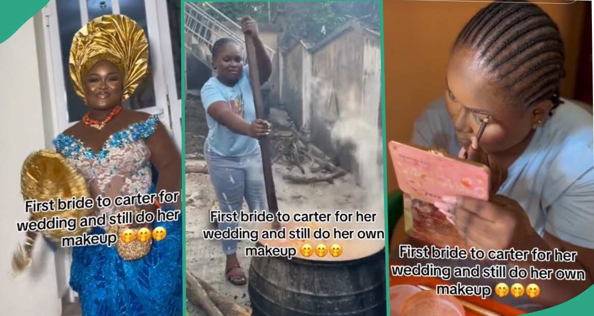 Mixed reactions as Nigerian bride cooks and does her own makeup on her wedding day
