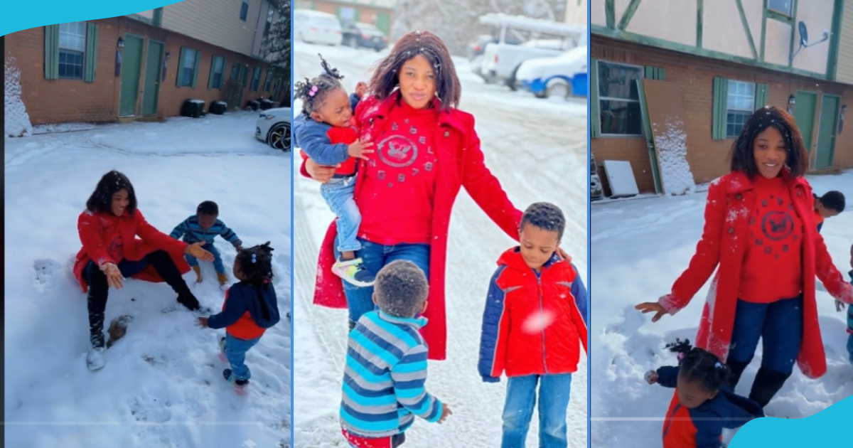 Maame Serwaa and her three children having fun in the snow.