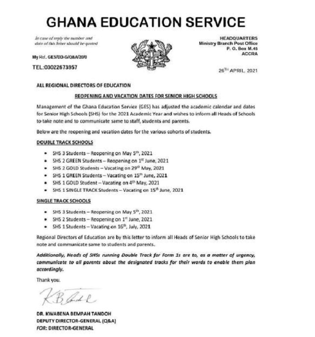 Ghana Education Service releases revised academic calendar for all SHS