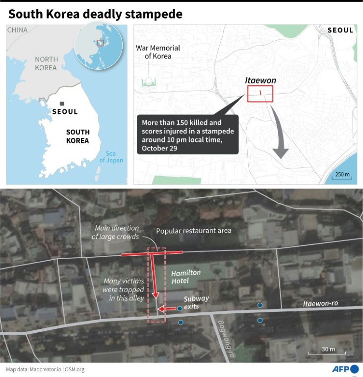 Detailed map of the area in Itaewon where more than 150 people were killed in a stampede