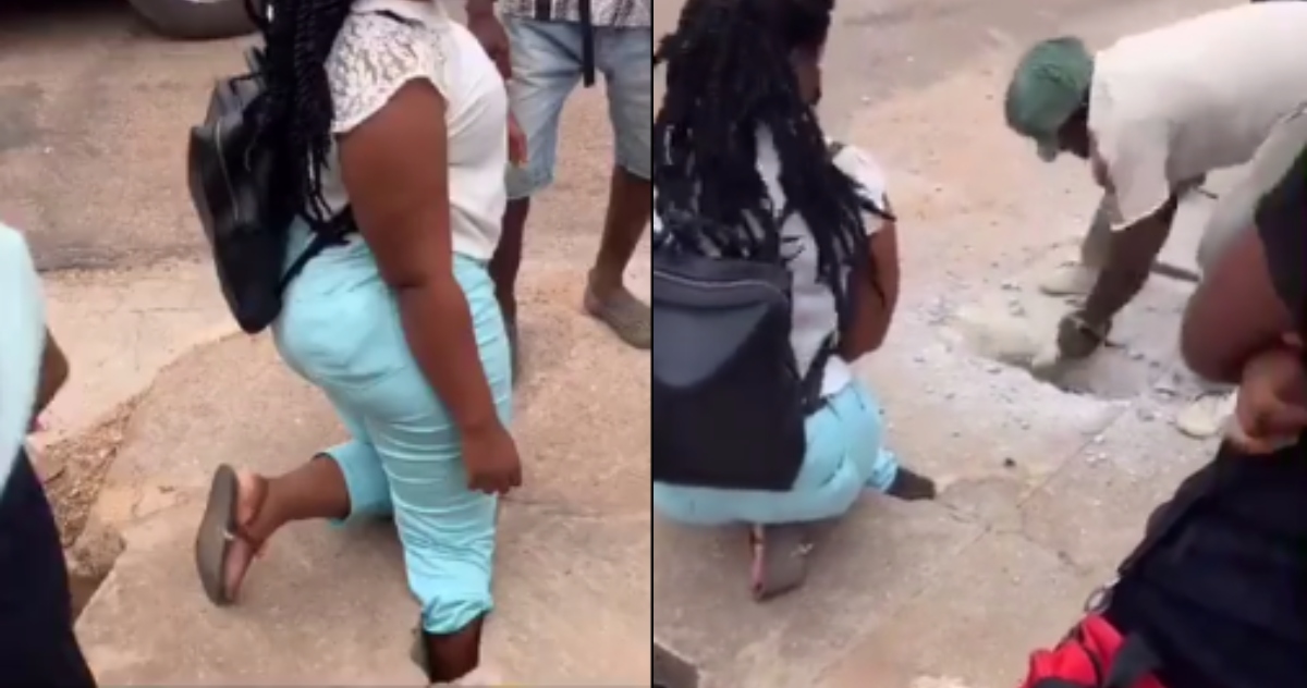 Internet reacts as lady's leg gets stuck in Needle-Sized Gutter hole