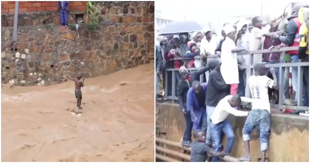 Screenshots from video of community members rescuing boy