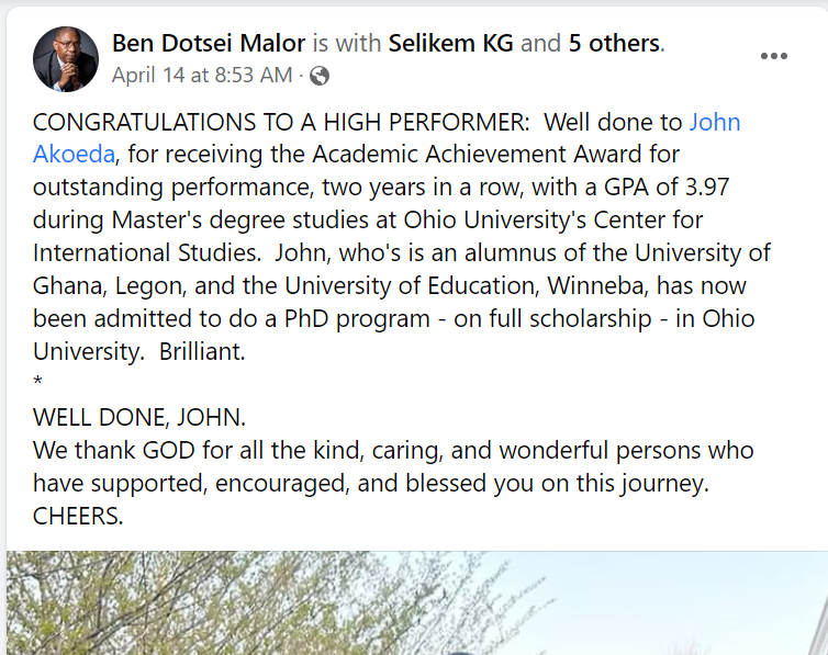 A screenshot of Ben Dotsei Malor's post about John Akoeda.