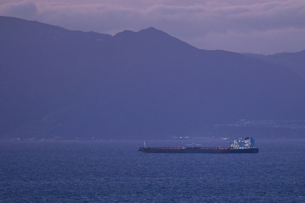 An oil tanker seen off shore in the Pacific Ocean along the Los Angeles area coastline in the Santa Monica Bay as seen from Palos Verdes Estates, California on March 6, 2023