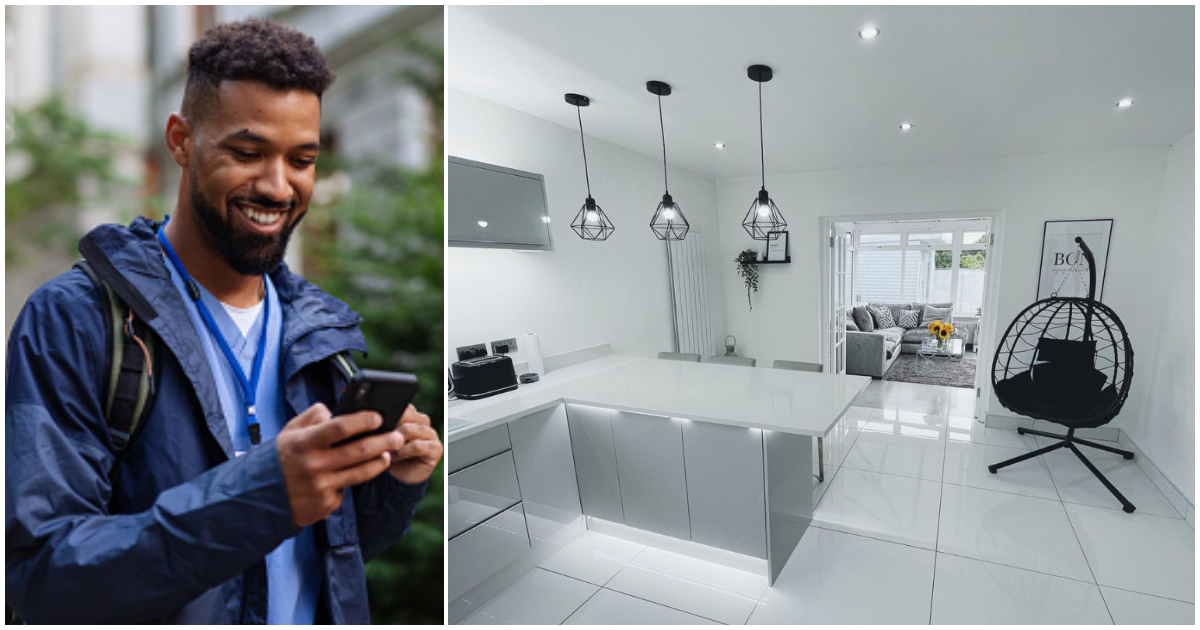 Photos of a plush kitchen and a man smiling at his phone
