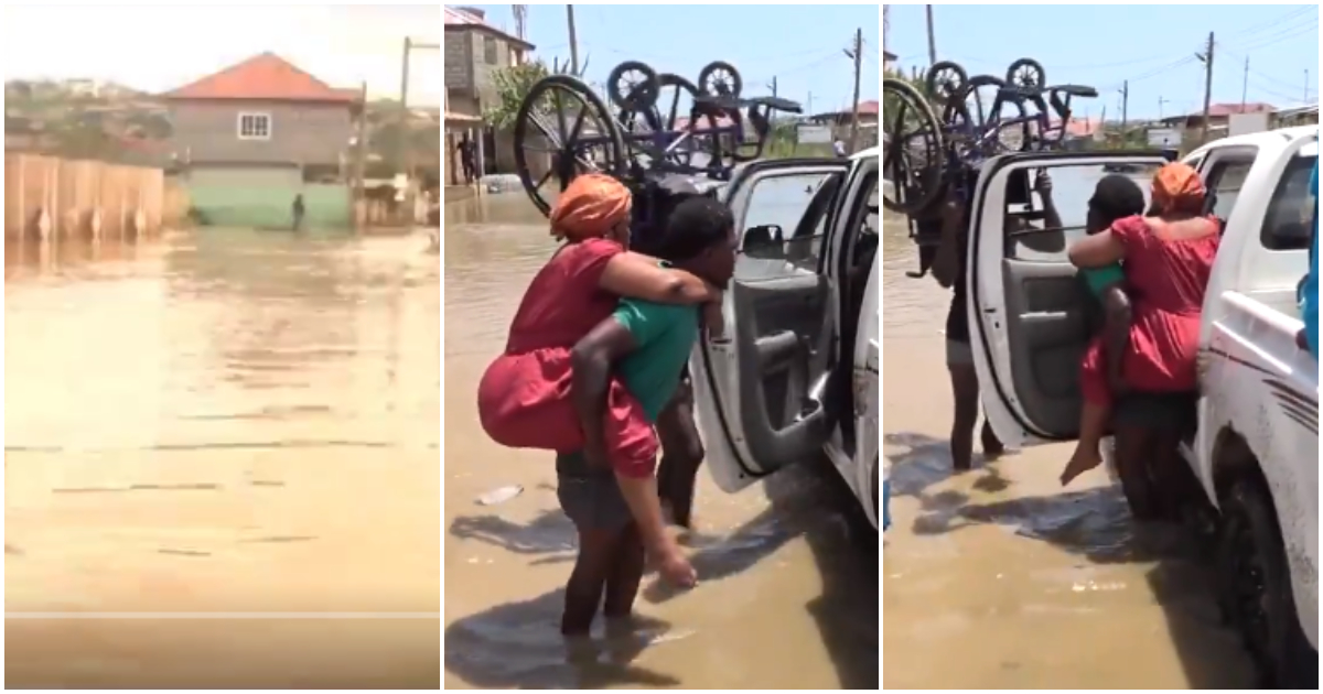 Kind-hearted man carries physically challenged woman through flood water amid the recent Weija Dam spillage.