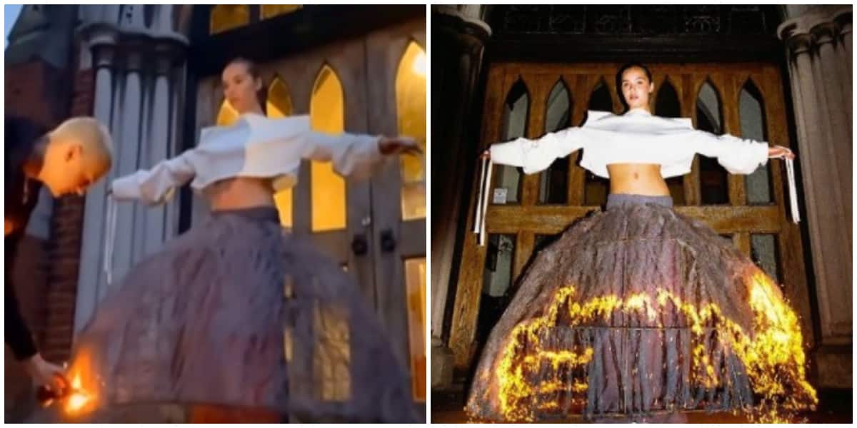 Photos of a model in a self-immolation dress.