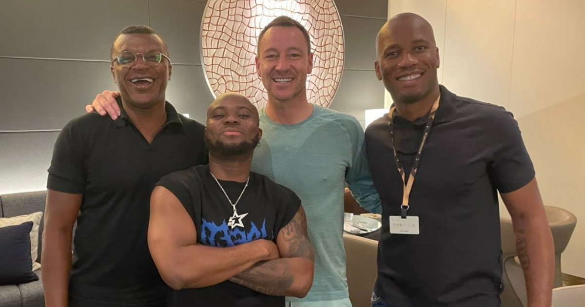 King Promise in a with John Terry, Didier Drogba and Marcel Desailly