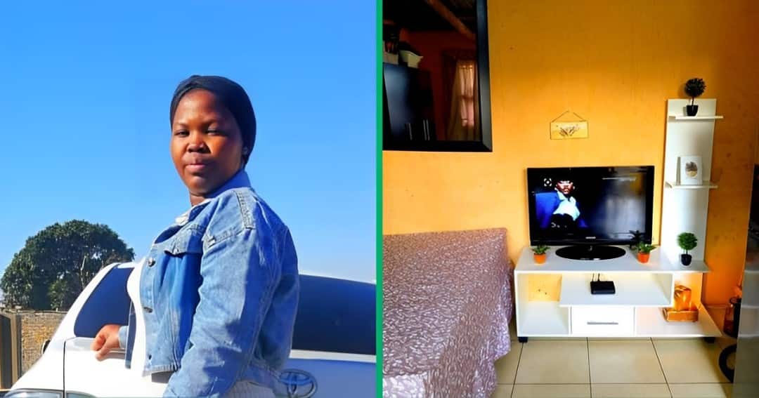 Young woman showcases impressive home decorations in her single room, peeps wowed