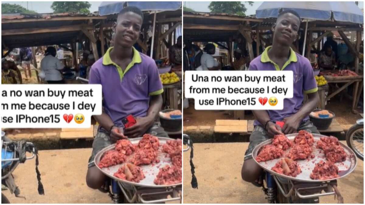 Young meat seller holds "iPhone 15", says people don't approach his stall: "E dey scare me"