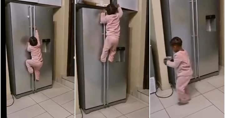 Little girl climbs double door fridge with ease, video causes stir among Netizens: "She's Too Smart"