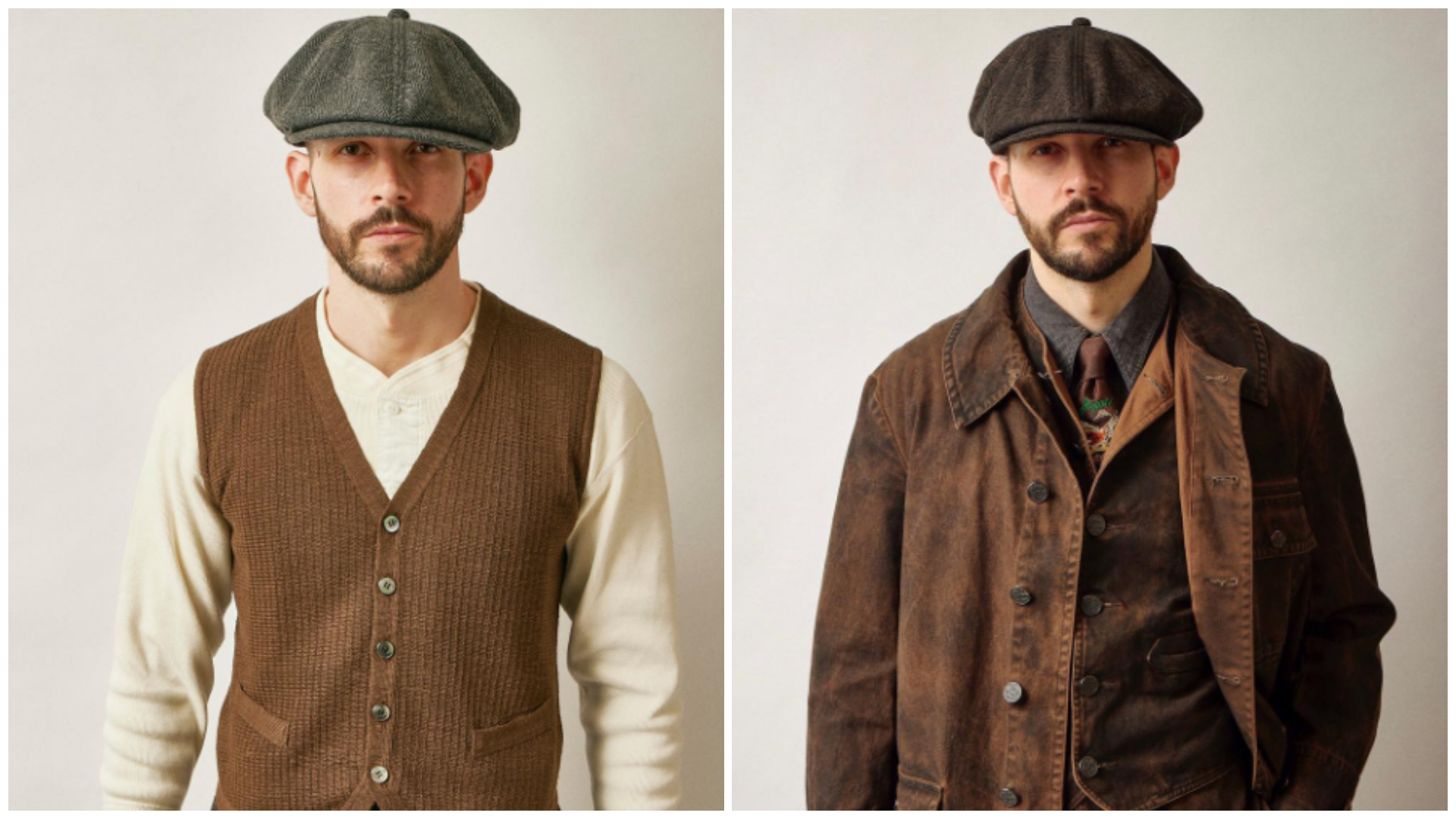 A man has styled two flat cap differently