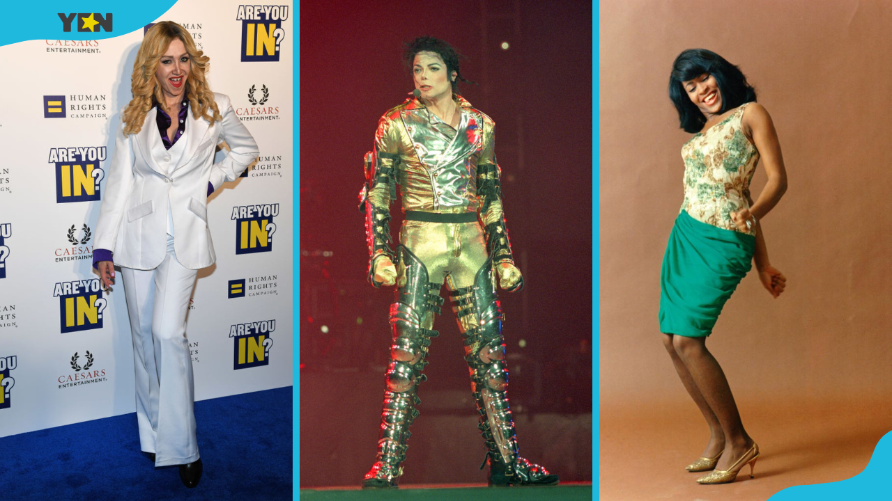 Top 80s artists: Madonna (L), Michael Jackson(C), and Tina Turner (R) at various events.