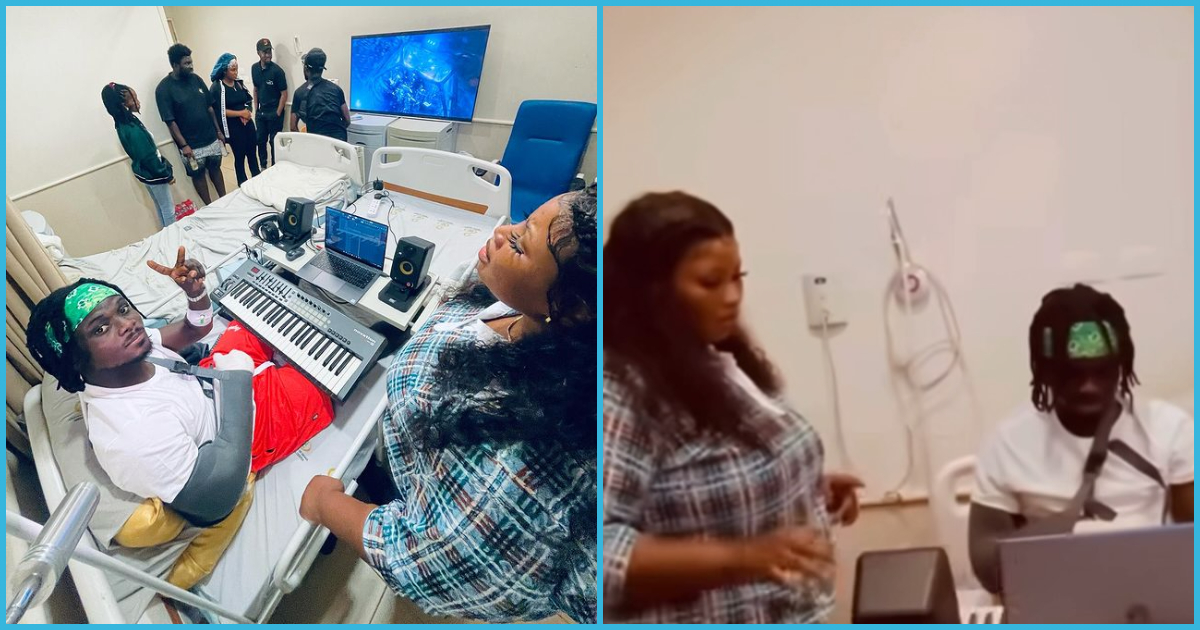 Kuami Eugene recovering after accident, videos and photos of him 'working' in hospital bed drop