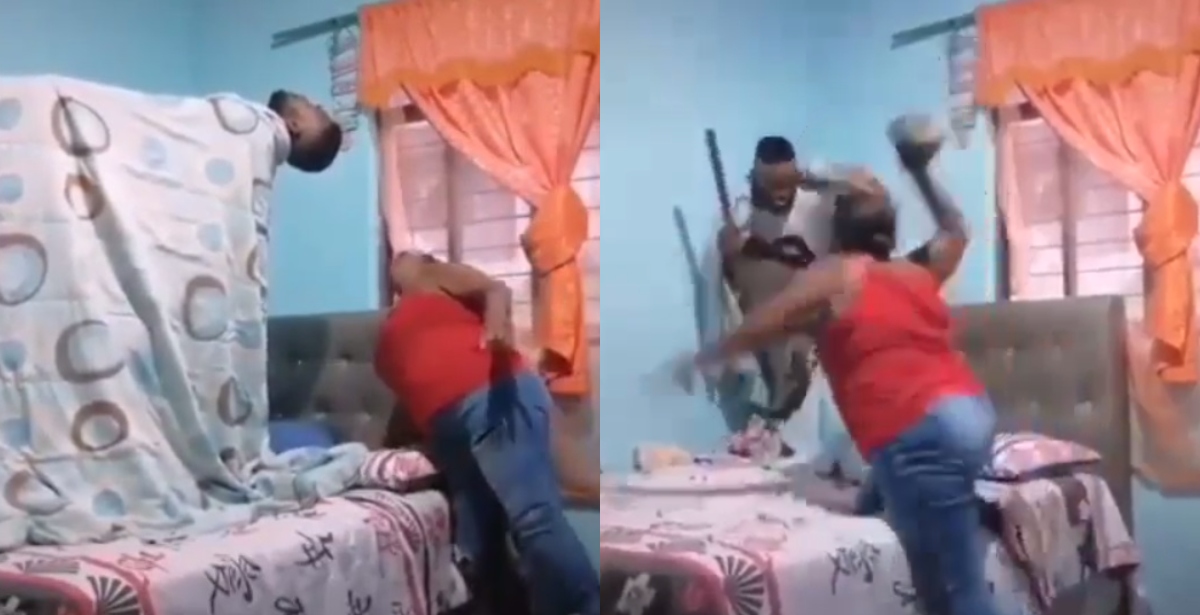 Photos from video of boy pranking his mom