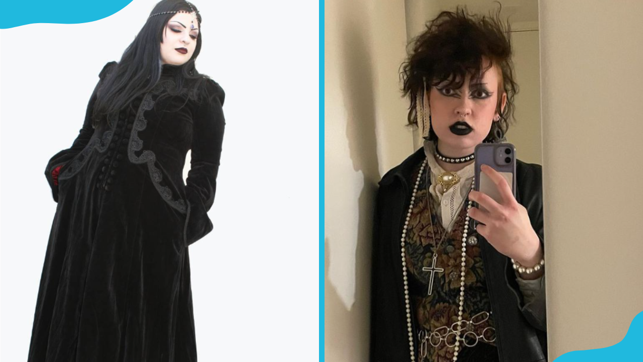 A woman in a traditional goth attire leaning backwards (L). A woman in a goth look taking a mirror selfie.