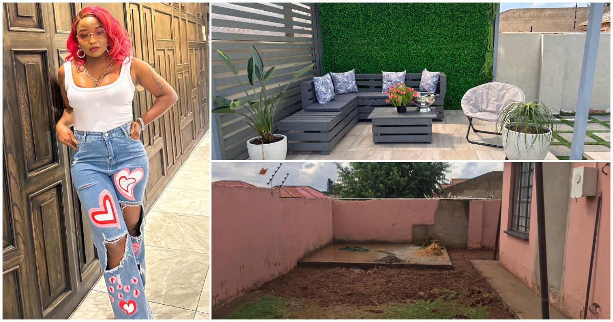 A woman shares how she transformed her backyard into a palatial sitting area