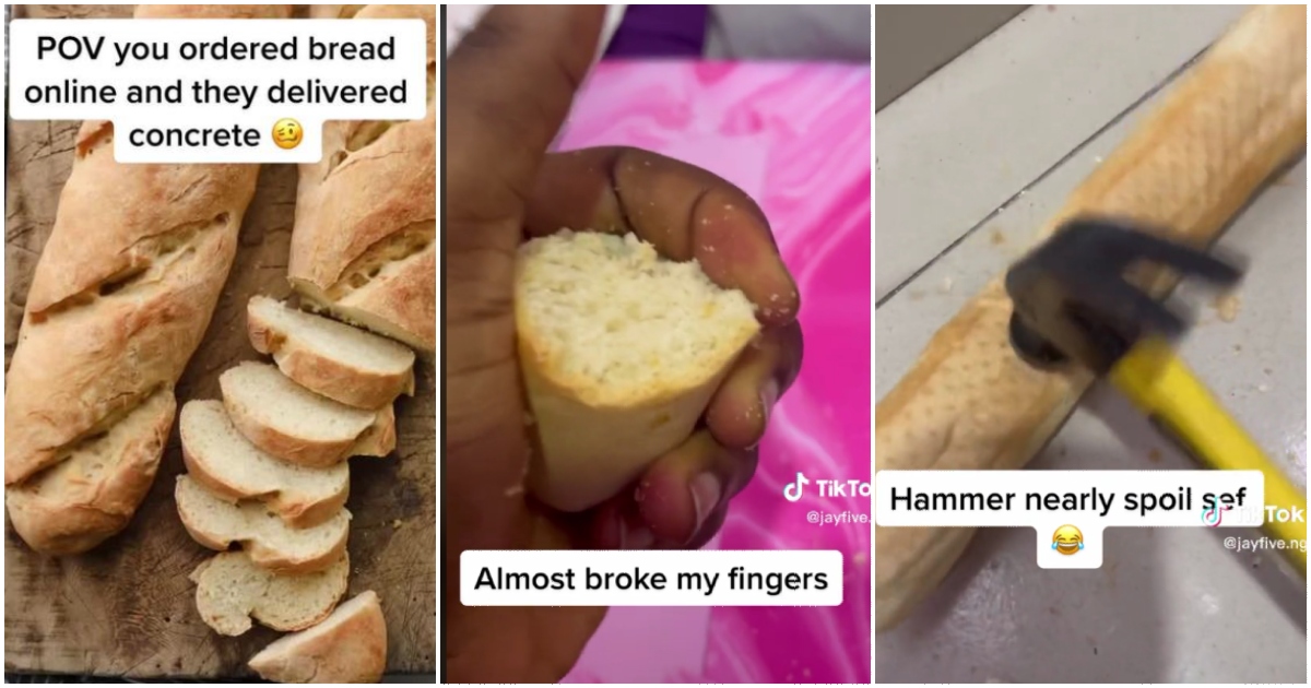 Photos of hard bread ordered online unable to get divided with hammer