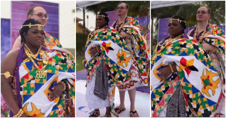 Ghanaian bride and her Canadian husband don Kente for their traditional marriage.