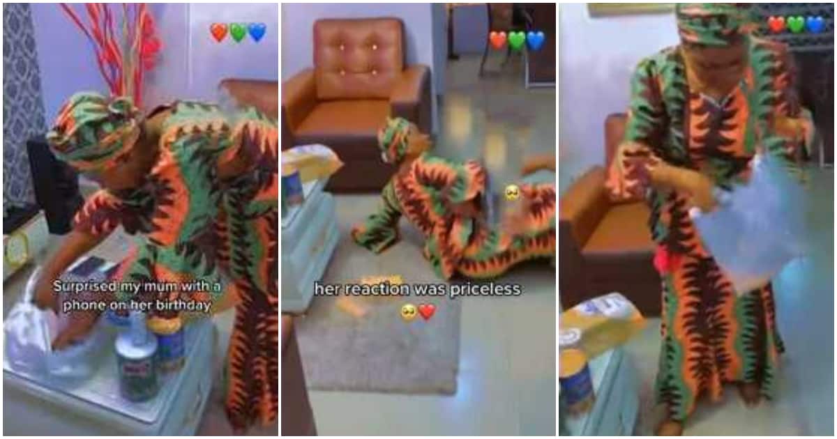 Video shows moment Nigerian mum rolled on floor like a kid after son surprised her with a new phone