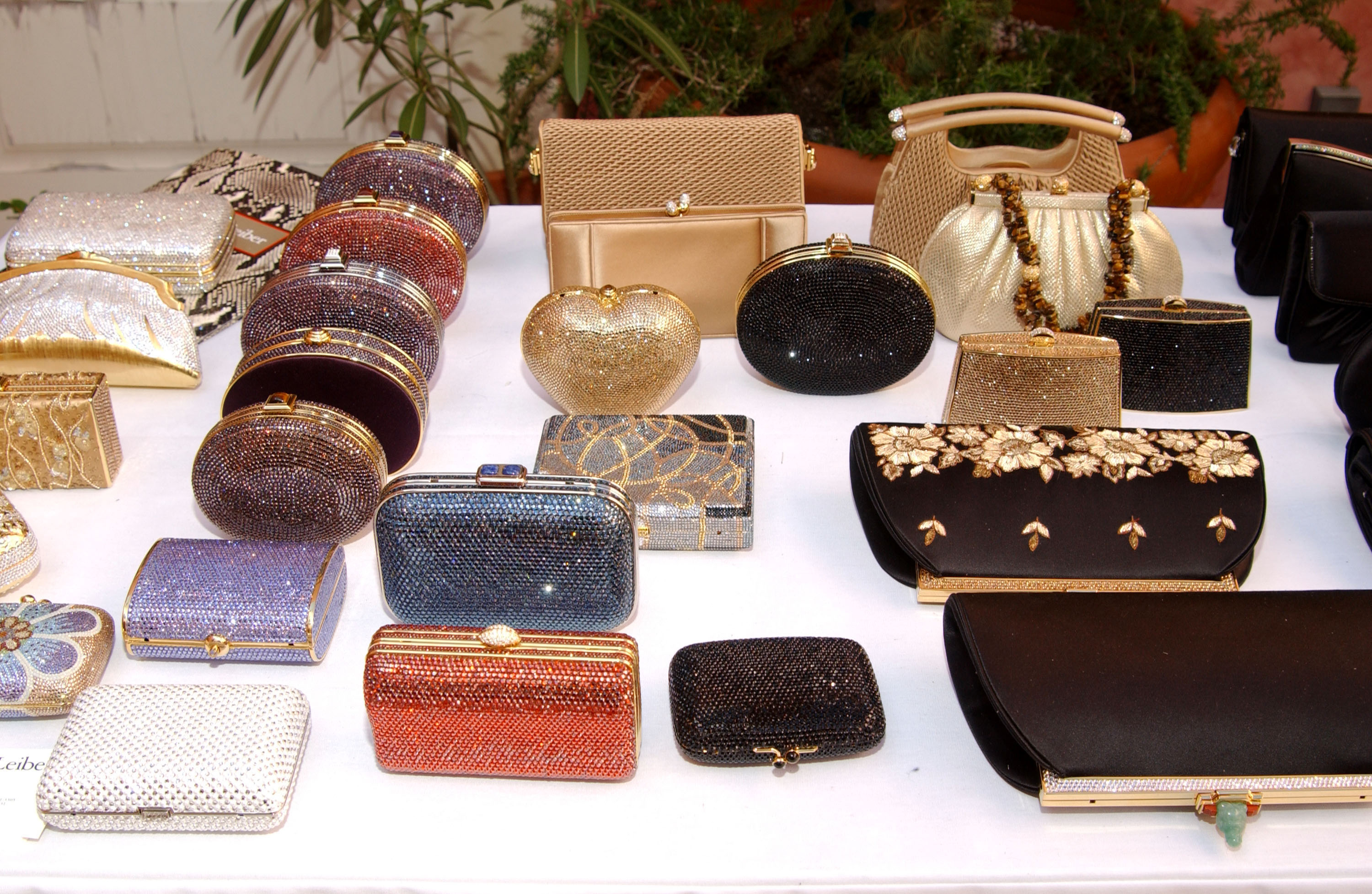 An assortment of Judith Leiber clutch handbags.