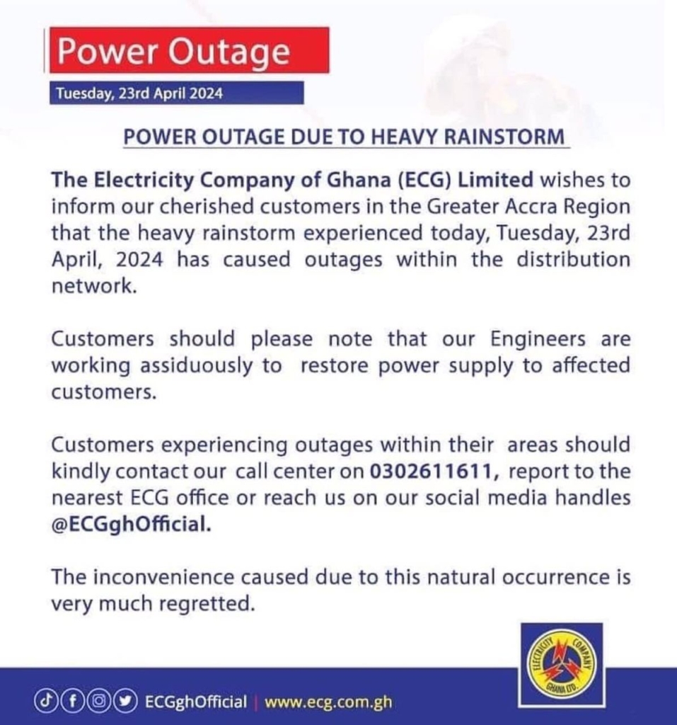 ECG Blames Rainstorm For Power Outage In Greater Accra, Says Engineers Are Working To Restore Power